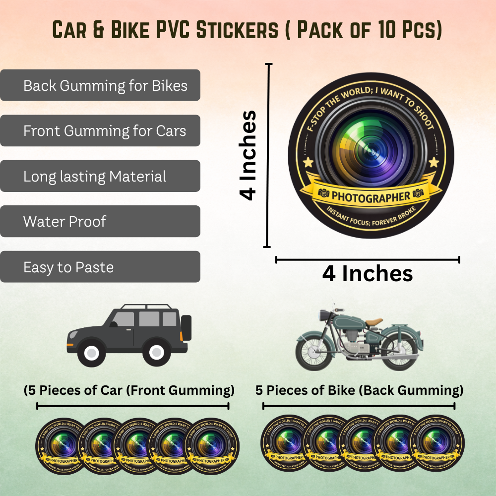 Photographer Car & Bike Sticker – Pack of 10 - Image 2